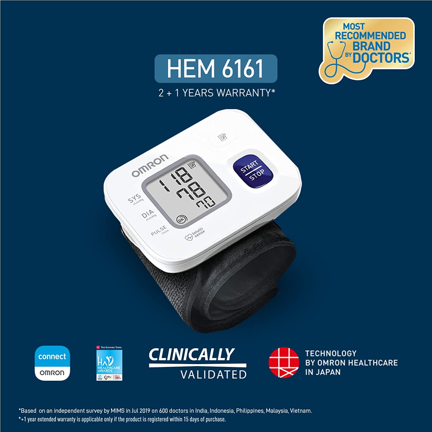 Omron HEM 6161 Fully Automatic Wrist Blood Pressure Monitor with Intellisense Technology, Cuff Wrapping Guide and Irregular Heartbeat Detection for Most Accurate Measurement (White)