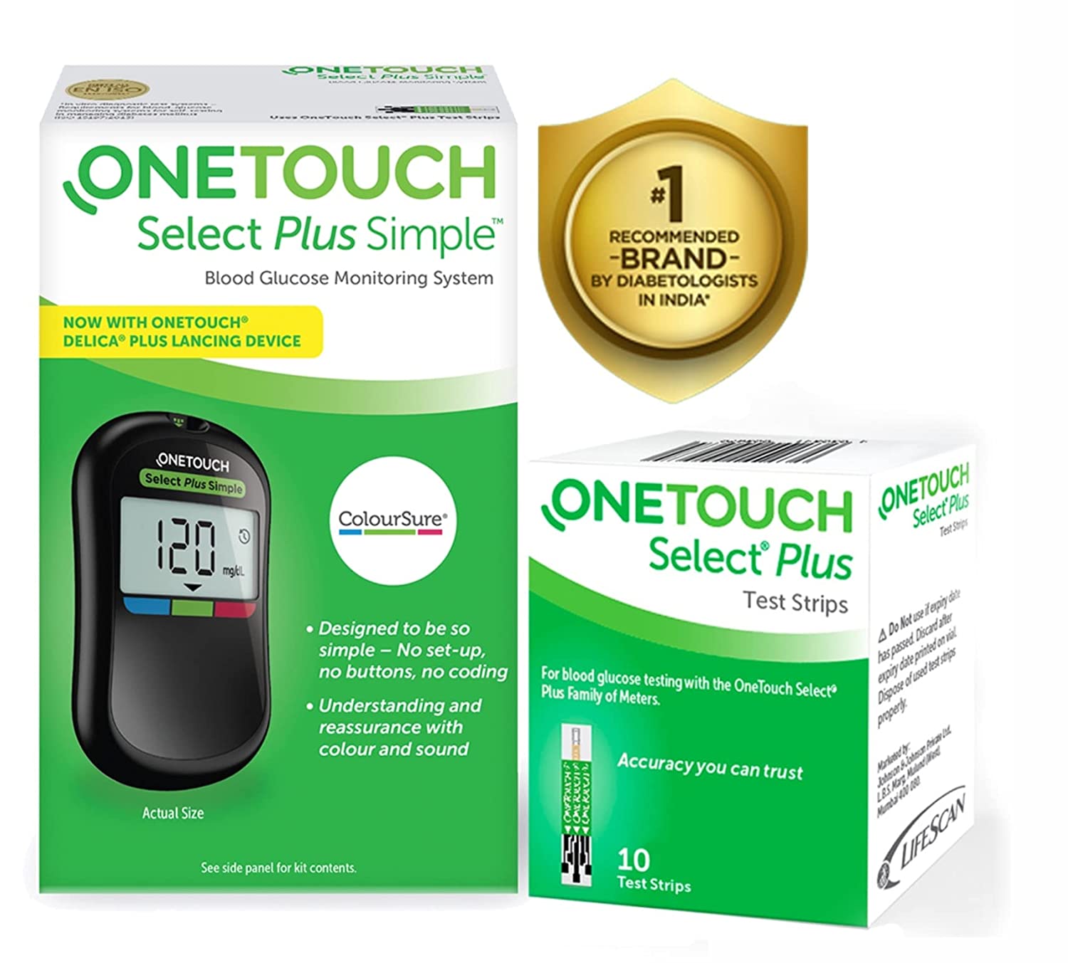 OneTouch Select Plus Simple glucometer machine | FREE 10 Test Strips +10 Sterile Lancets + 1 Lancing device | Simple & accurate testing of Blood sugar levels at home | Global Iconic Brand