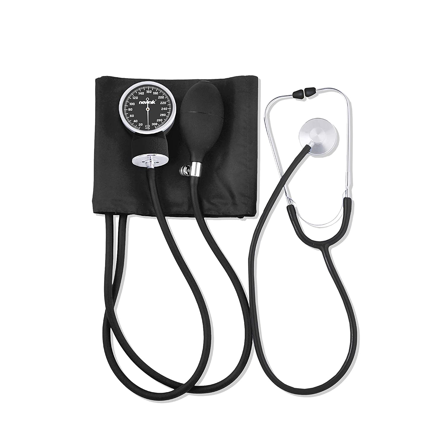 A Newnik SP501 Sphygmomanometer with a black cuff, inflation bag, and stethoscope, displayed alongside a calibration key and a carrying case.