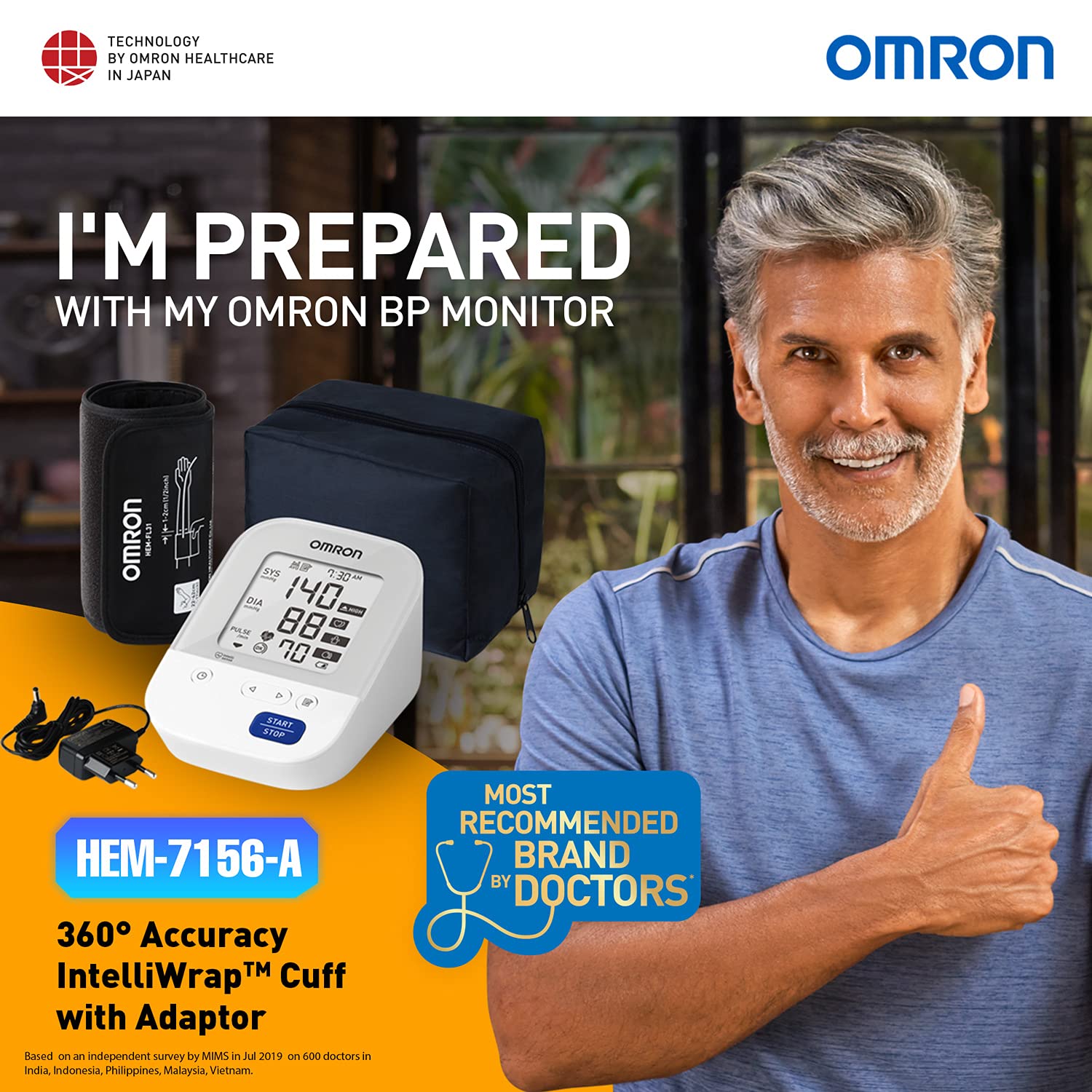 Omron HEM 7156A Digital Blood Pressure Monitor (Adapter Included) with 360° Accuracy Intelli Wrap Cuff for All Arm Sizes (White)