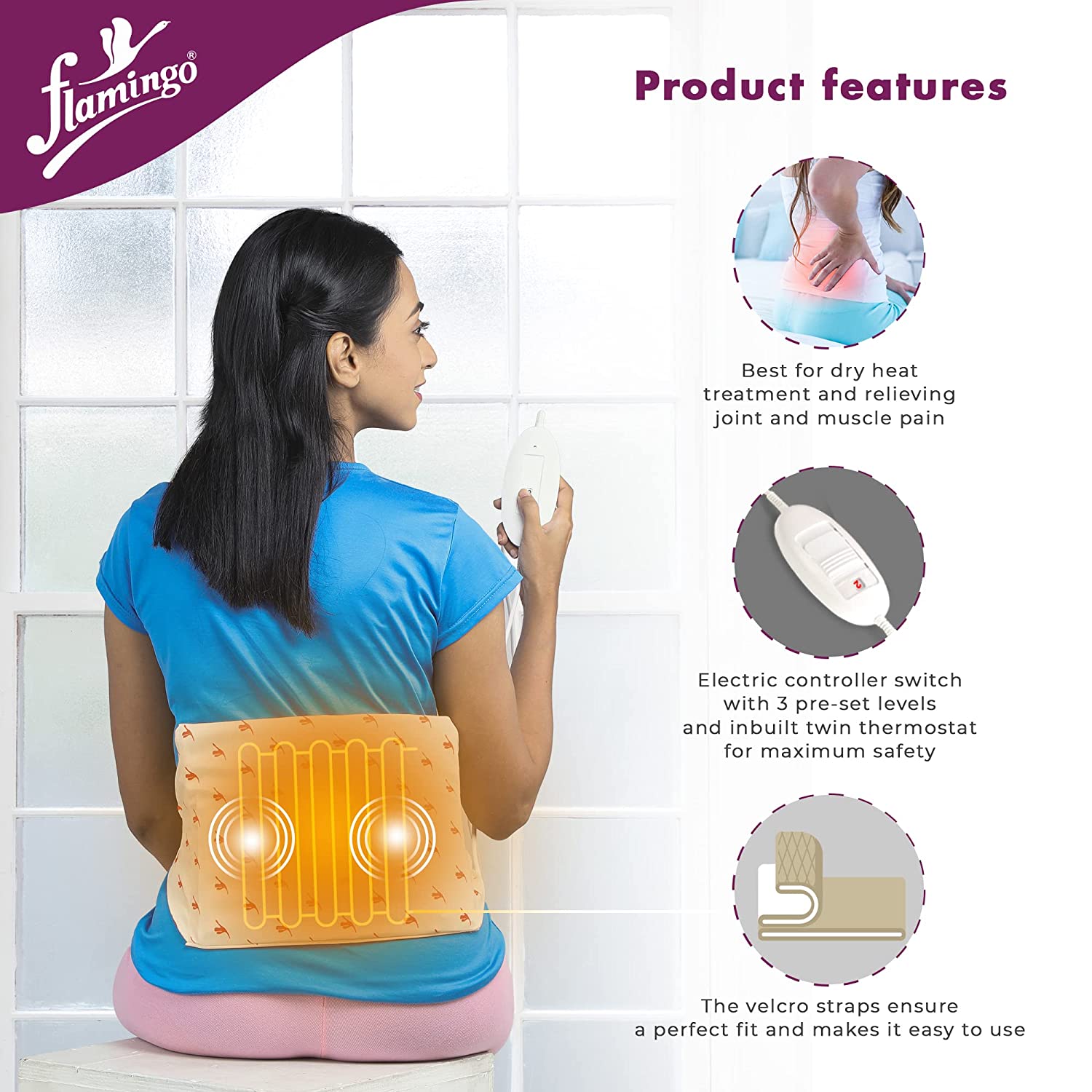 Flamingo Orthopaedic Electric Heating Pad | Heat Belt with Temperature Controller | Pain Relief Heating Belt for Lower Back, Knee, Shoulder, Cramps, and Neck | Heat Pad Back Pain Relief