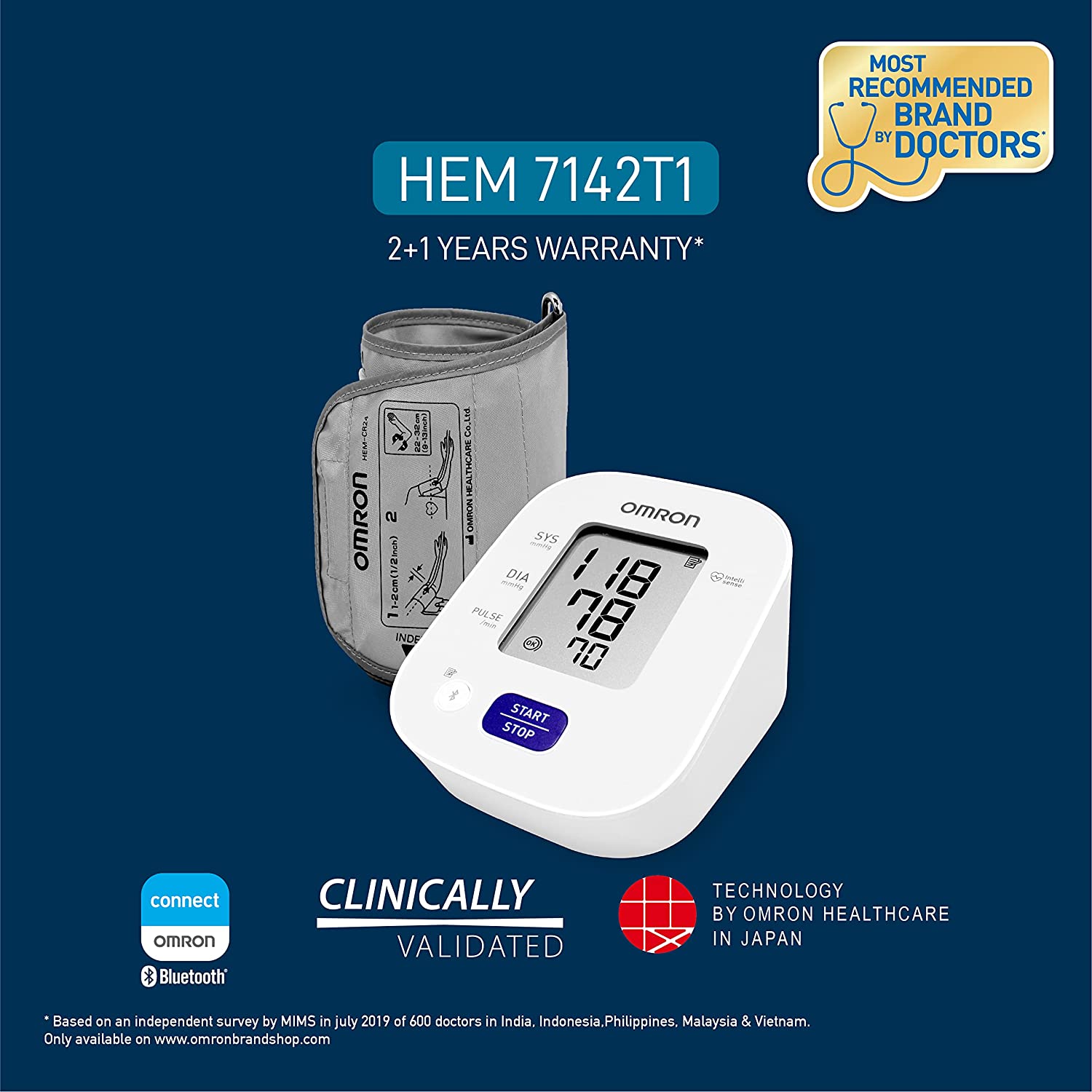 Omron HEM 7142T1 Digital Bluetooth Blood Pressure Monitor with Cuff Wrapping Guide & Intellisense Technology For Most Accurate Measurement