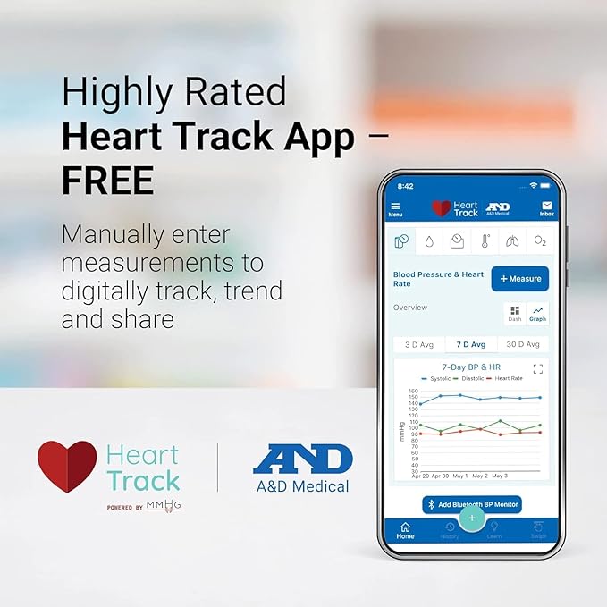 Heart Track app on a smartphone with A&D Medical , highlighting its free availability and ability to track health measurements.