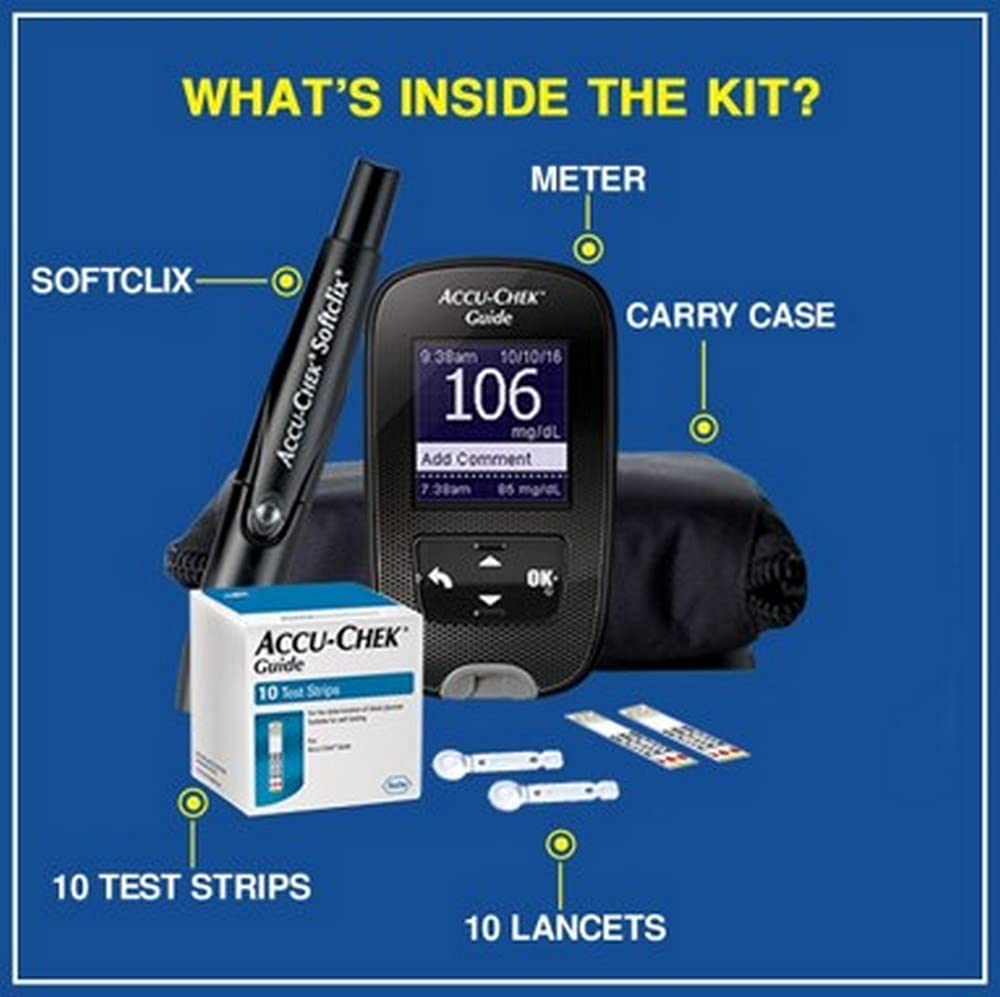 Accu-Chek Guide Blood Glucose Glucometer (with Bluetooth) Kit with Vial of 10 Strips, 10 Lancets and a Lancing Device FREE for Accurate Blood Sugar Testing