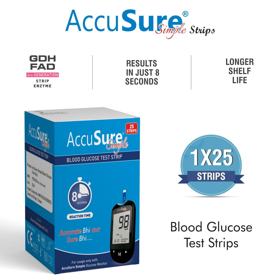 AccuSure Instant Digital Simple Glucometer Kit WITH STRIPS 10 Lancet,1 Lancing device for Accurate Blood Glucose Sugar Testing Machine