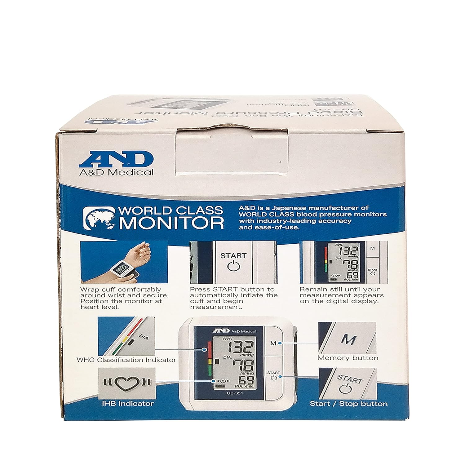 A&D Medical blood pressure monitor packaging on a white background