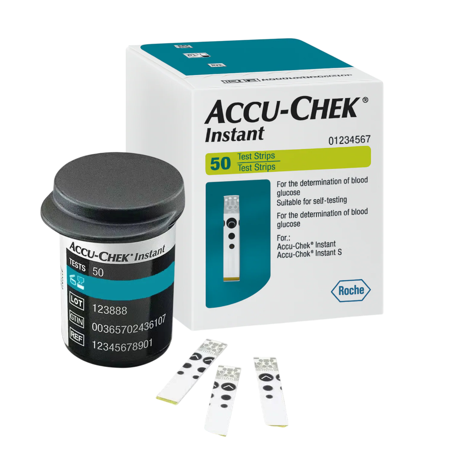 Accu-Chek Instant test strips and packaging on a white background