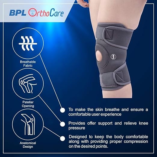 BPL OrthoCare Knee Wrap Premium with Open Patella | Breathable Knee Support Brace for Arthritis, Sports & Pain Relief – Grey