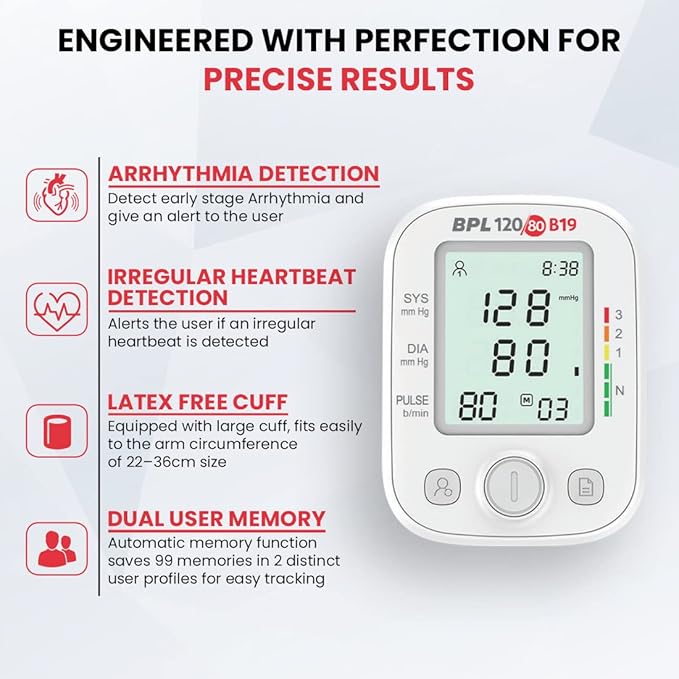 BPL B19 Digital Blood Pressure Monitor with USB | LCD Display | Clinically Accurate BP Machine for Home Use | 3-Year Warranty – White