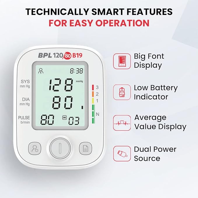 BPL B19 Digital Blood Pressure Monitor with USB | LCD Display | Clinically Accurate BP Machine for Home Use | 3-Year Warranty – White