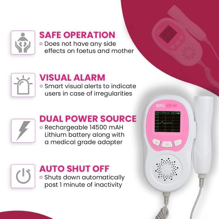 BPL FD-03 Fetal Doppler with Smart Noise Reduction | Heartbeat Detection Machine with In-Built Speaker for Home & Clinic Use – Pink & White