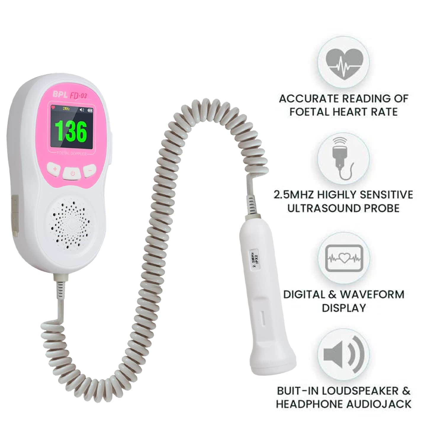 BPL FD-03 Fetal Doppler with Smart Noise Reduction | Heartbeat Detection Machine with In-Built Speaker for Home & Clinic Use – Pink & White