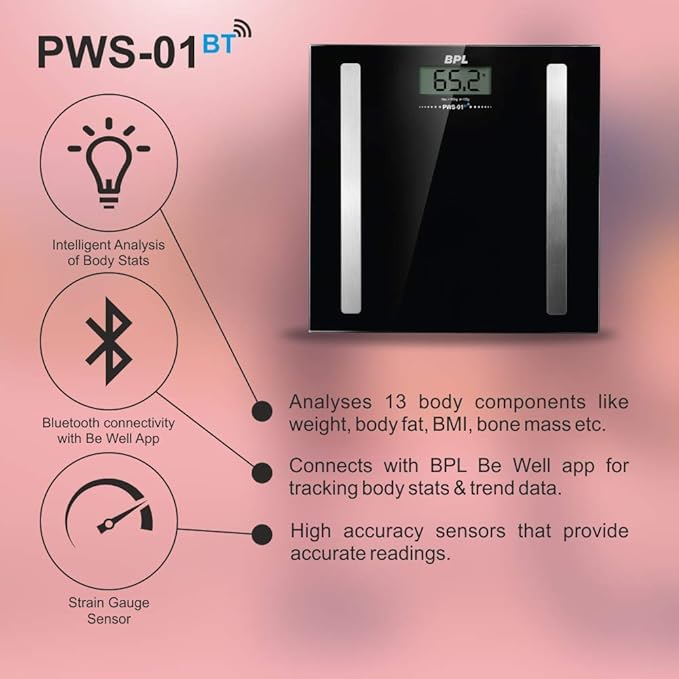 BPL PWS-01 BT Bluetooth Enabled Digital Weighing Scale | Smart Weight Machine with App Sync – Black