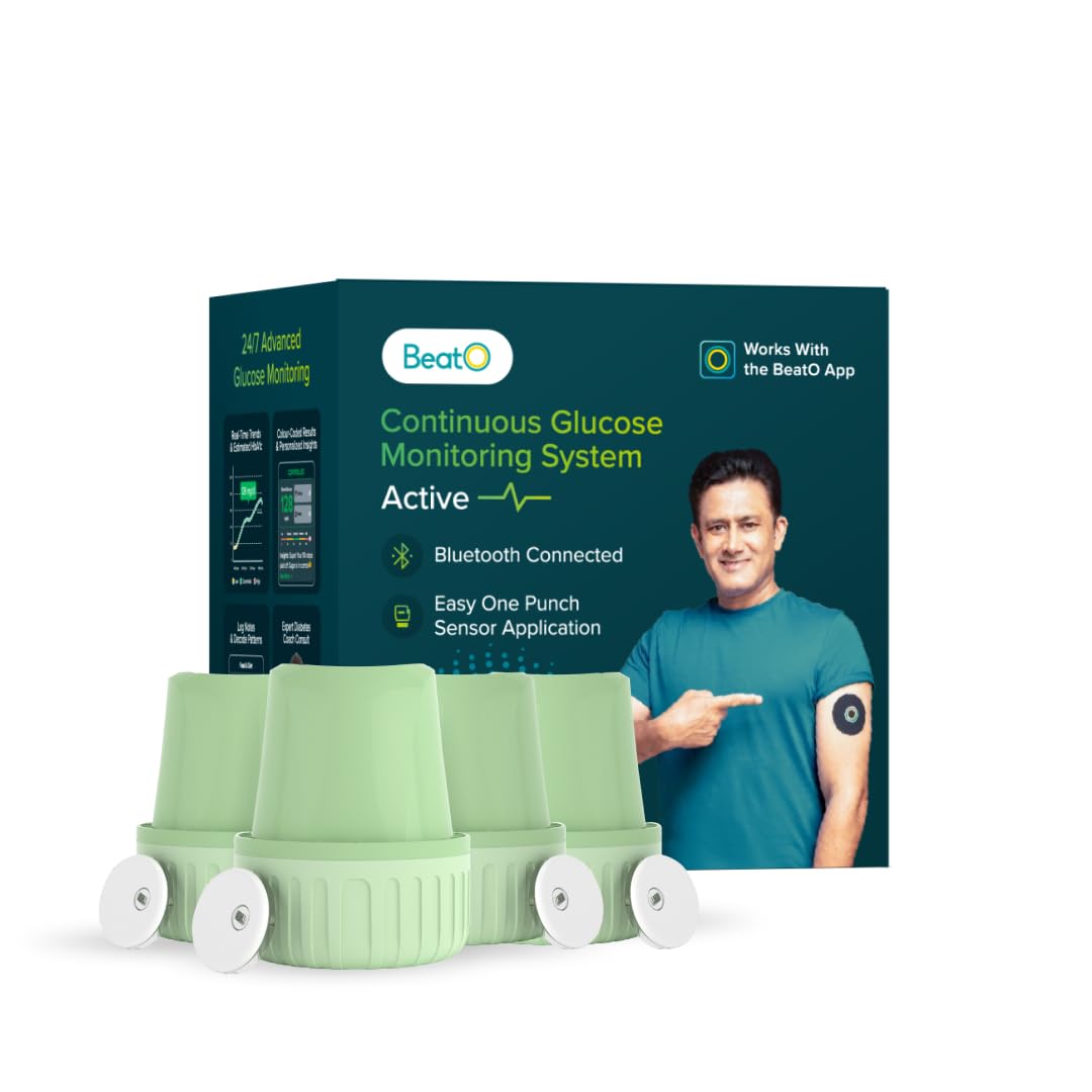 BeatO CGM GlucoRX Continuous Glucose Monitor | No-Scan, One-Push Application | 15-Day Real-Time Sugar Tracking | Bluetooth Connected CGM (Pack of 4)