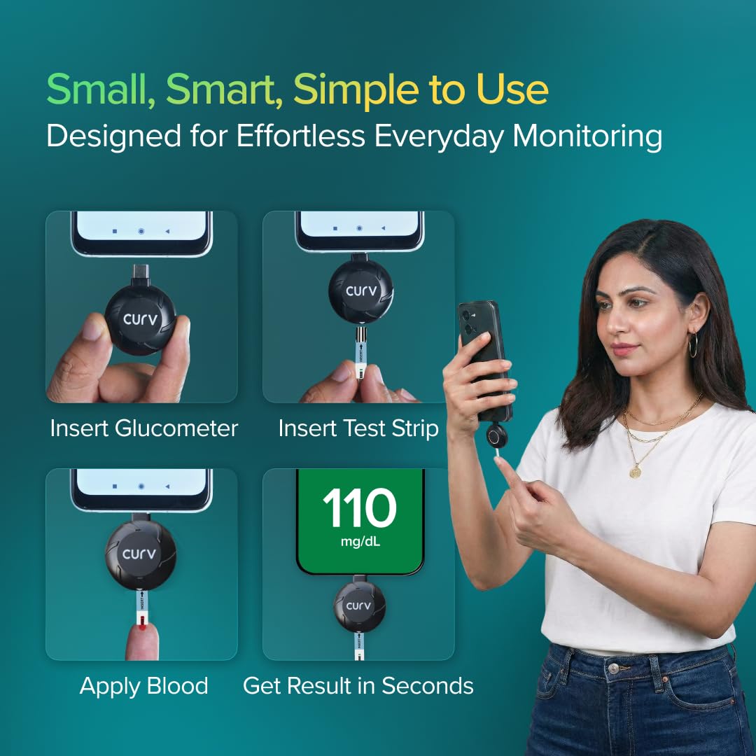 BeatO CURV Smartphone Connected Glucometer with 50 Test Strips & 50 Lancets | Type-C USB | Android Only | ISO Certified | Made in India