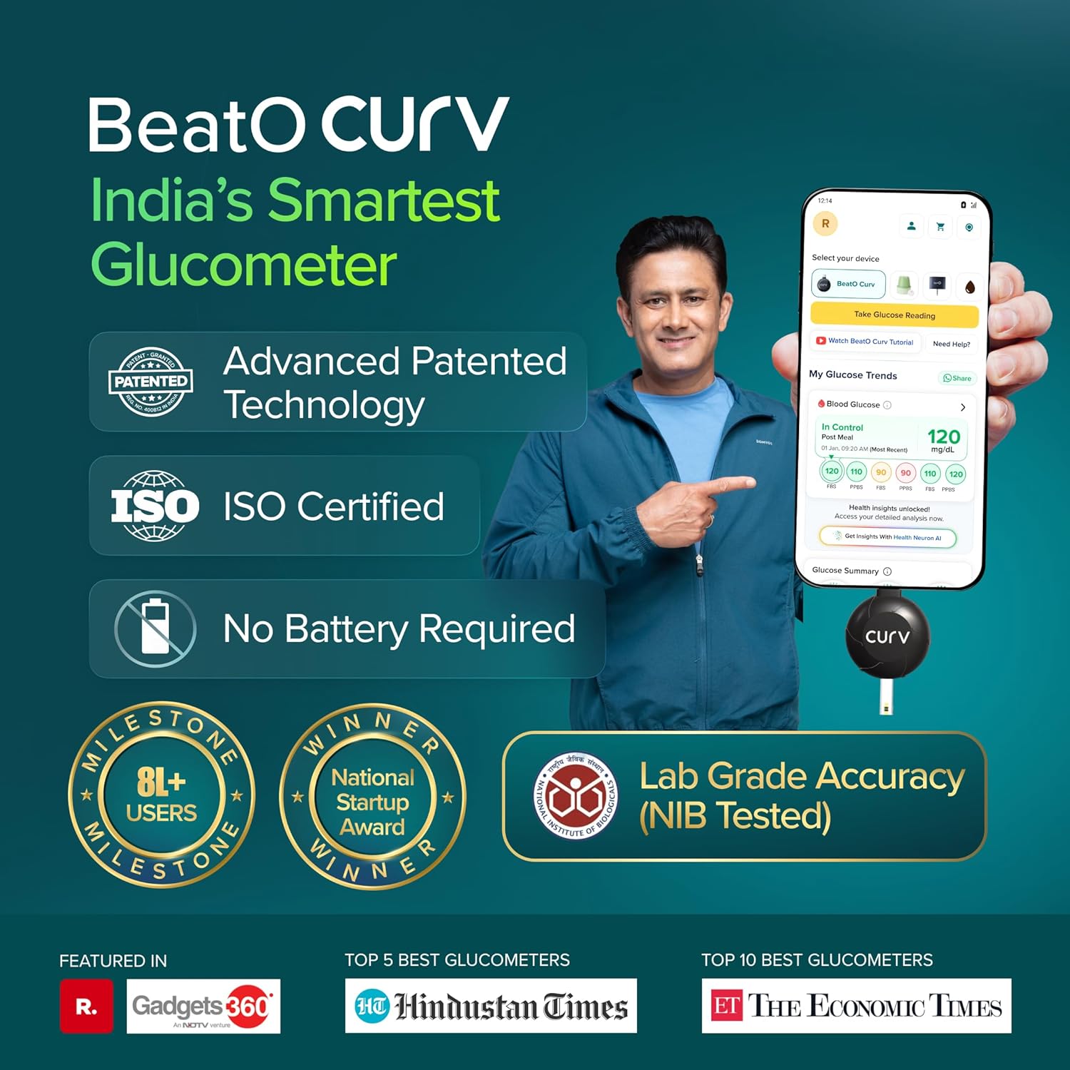 BeatO CURV Smartphone Connected Glucometer + CGM Continuous Glucose Monitor | Android Type-C | Real-Time Sugar Monitoring | ISO Certified | Made in India