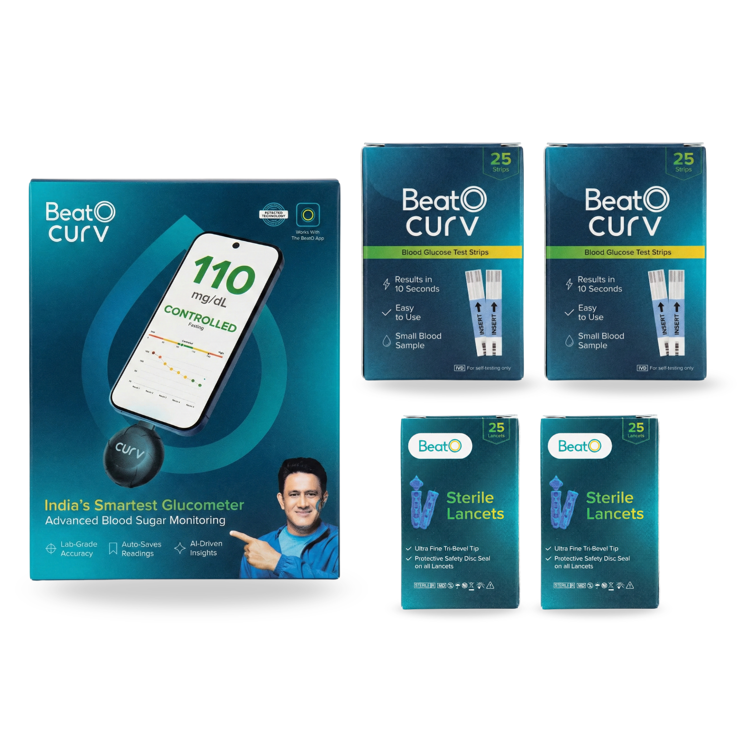 BeatO CURV Smartphone Connected Glucometer with 50 Test Strips & 50 Lancets | Type-C USB | Android Only | ISO Certified | Made in India