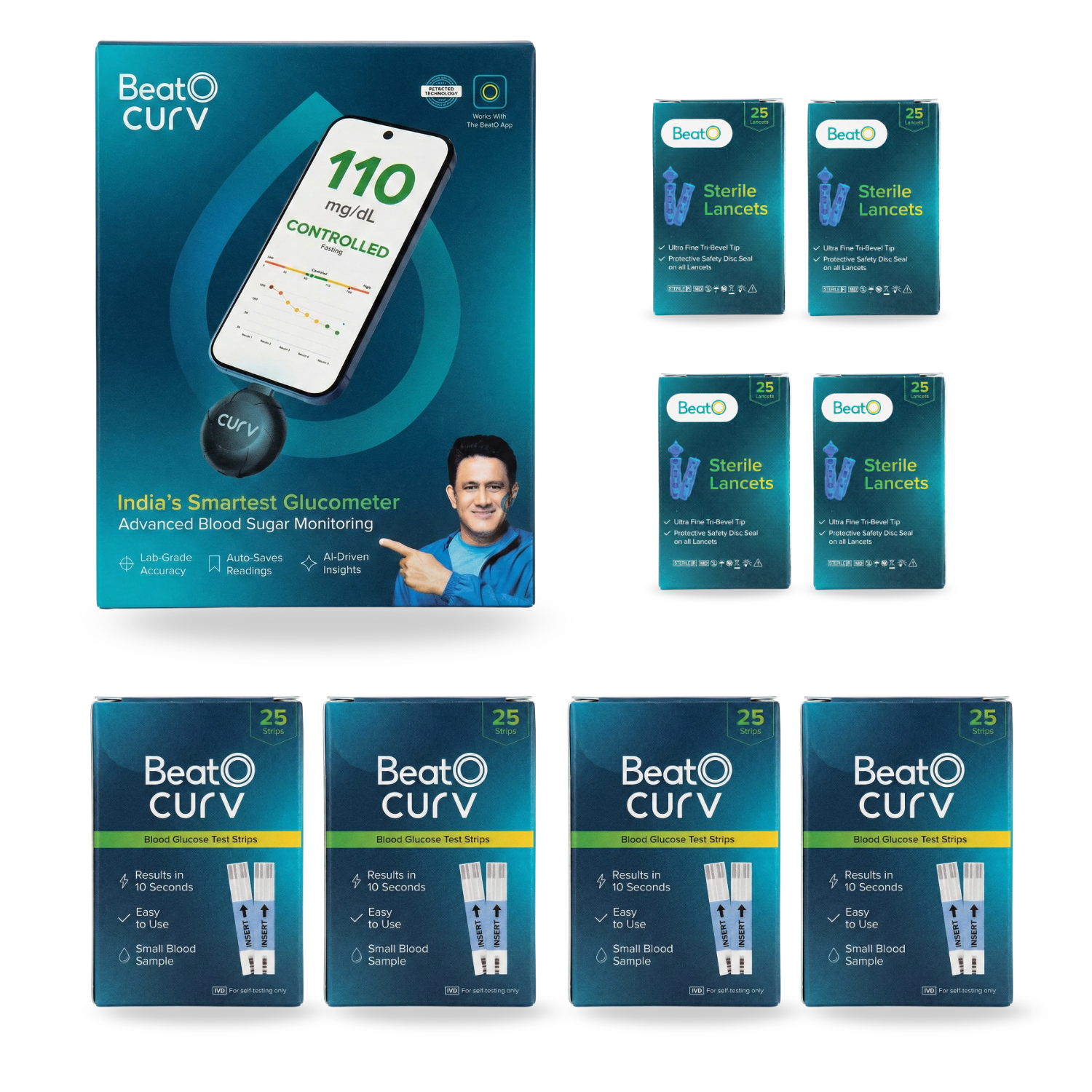 BeatO CURV Smartphone Connected Glucometer with 100 Test Strips & 100 Lancets | Type-C USB | Android Only | ISO Certified | Made in India
