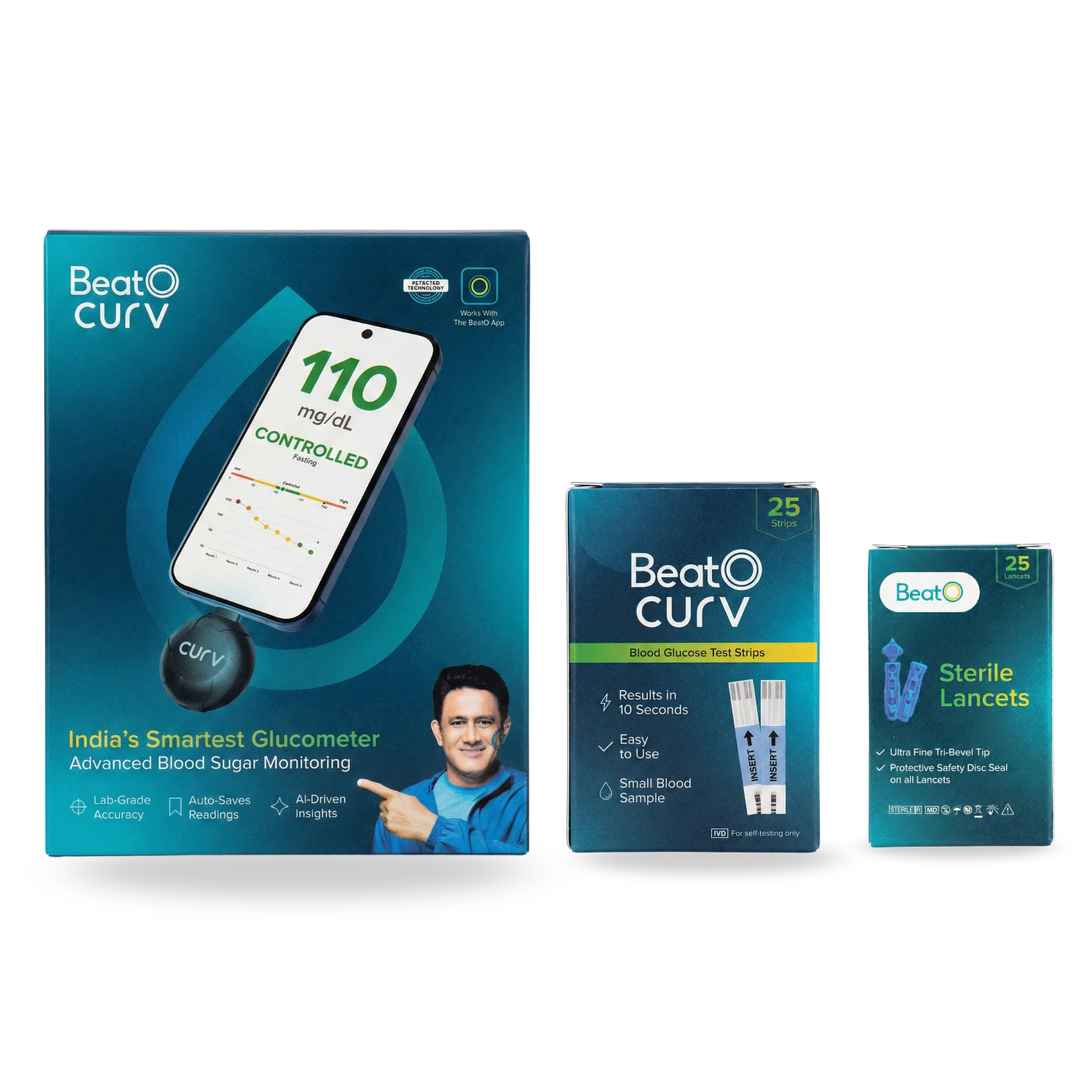 BeatO CURV Smartphone Connected Glucometer with 25 Test Strips & 25 Lancets | Type-C USB | Android Only | ISO Certified | Made in India