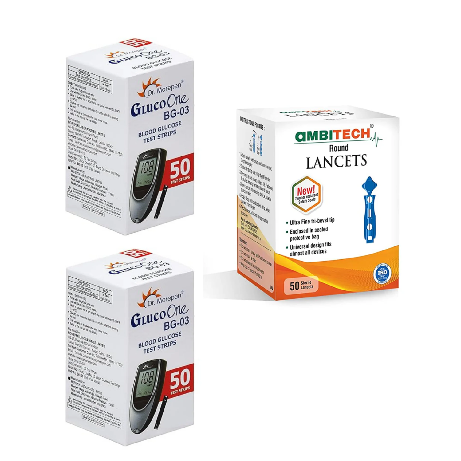 DR. MOREPEN BG-03 Test Strips with Ambitech 50 Round Lancets Combo (No Glucometer)
