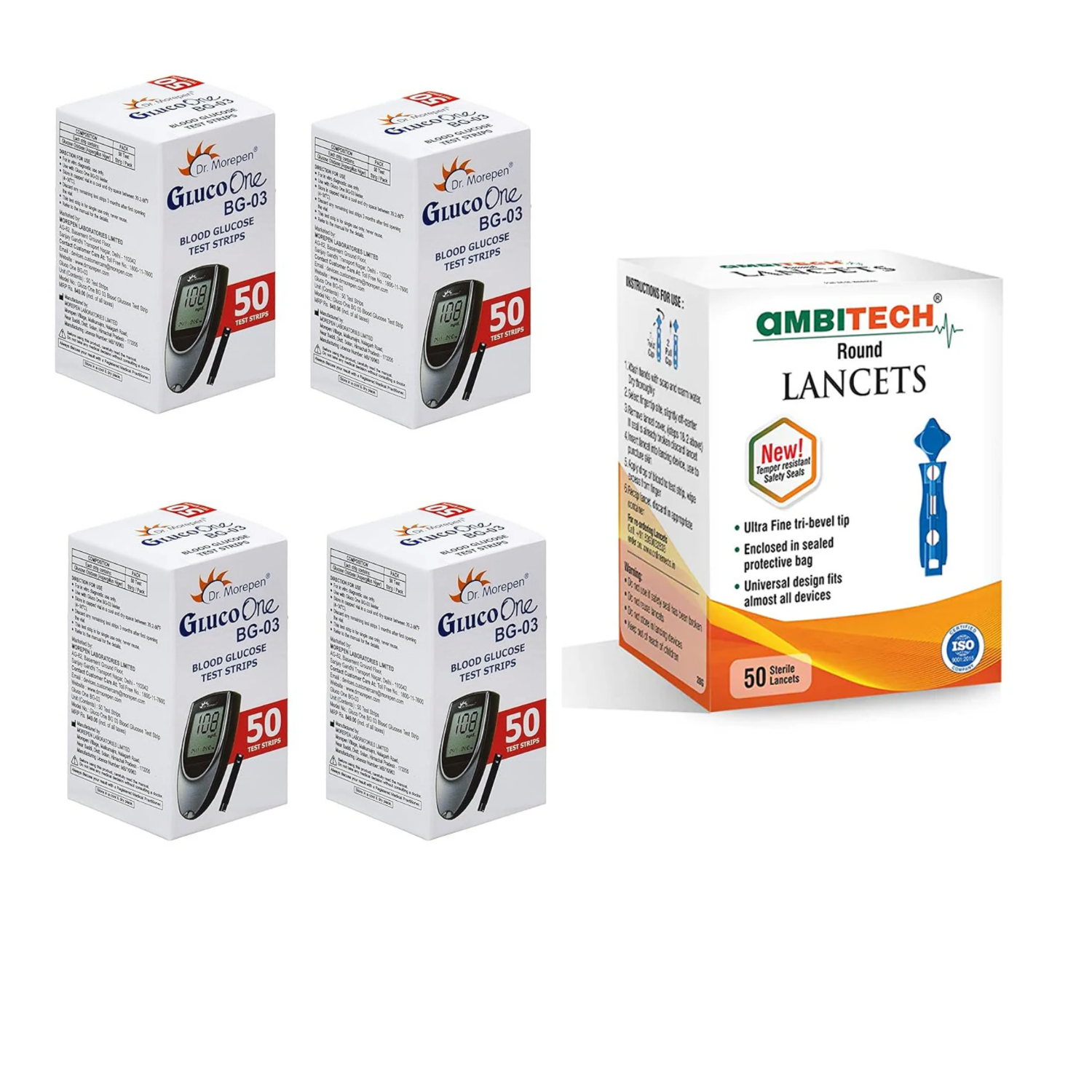 DR. MOREPEN BG-03 Test Strips with Ambitech 50 Round Lancets Combo (No Glucometer)