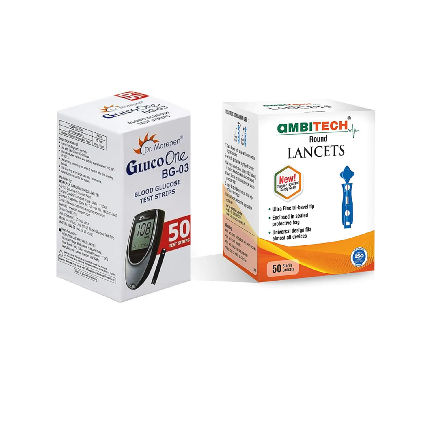 DR. MOREPEN BG-03 Test Strips with Ambitech 50 Round Lancets Combo (No Glucometer)