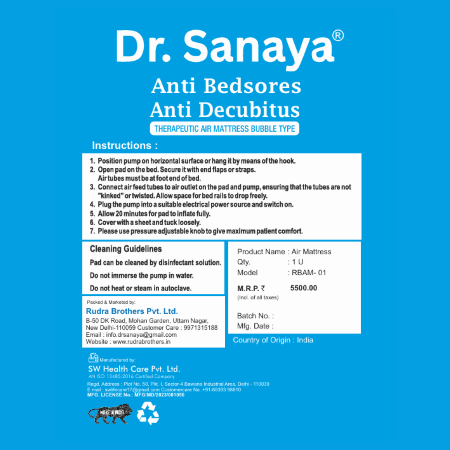 Dr. Sanaya Anti Bedsore Anti Decubitus Air Mattress with Air Pump (RBAM-01)