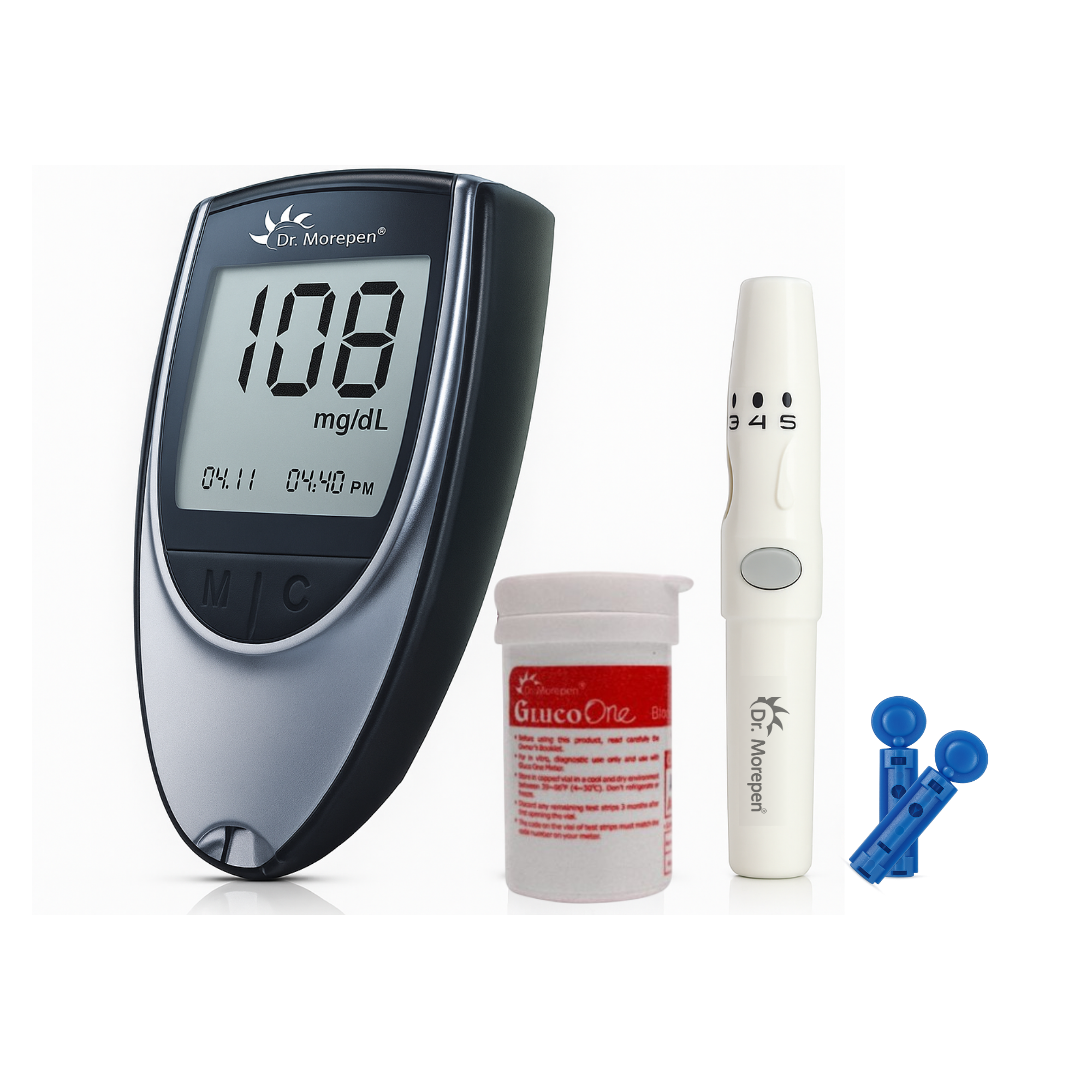 Dr. Morepen BG-03 Gluco One Glucometer Combo - (Glucometer, Lancing Device, 10 Lancet) and strips