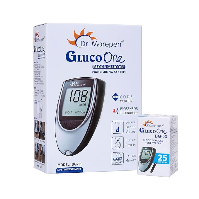 Dr. Morepen BG-03 Gluco One Glucometer Combo,(Glucometer, Lancing Device, 10 Lancet) and strips
