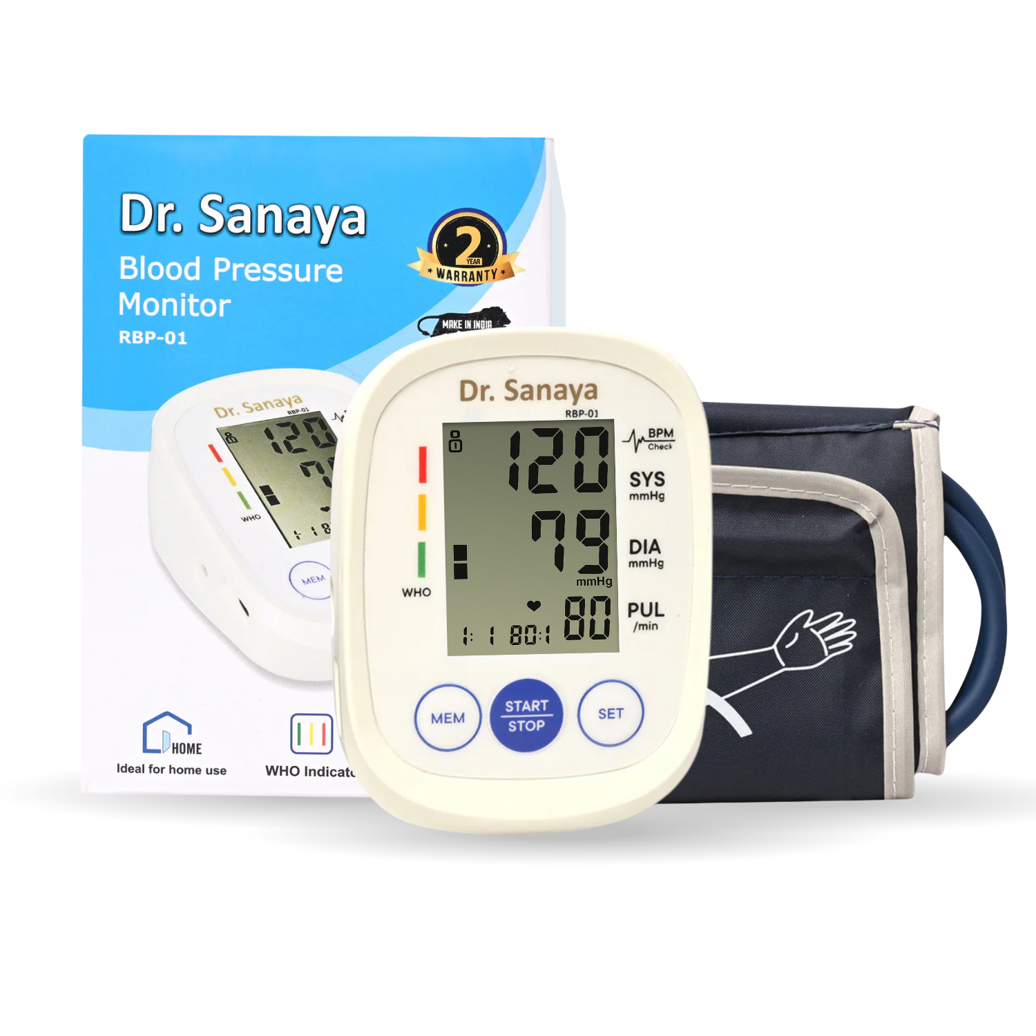 Dr. Sanaya blood pressure monitor with digital display and packaging on a white background