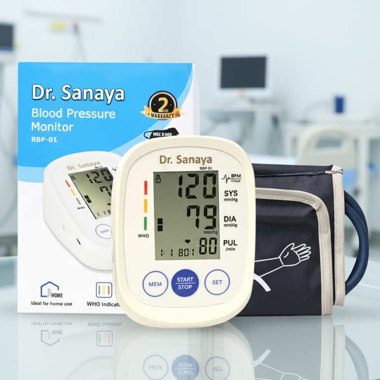 Dr. Sanaya blood pressure monitor with packaging on a reflective surface
