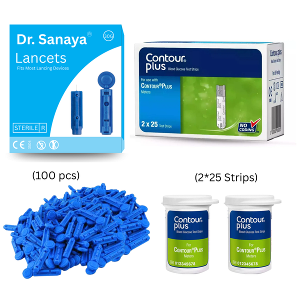 Dr. Sanaya 30G Lancets + Contour Plus 50 Test Strips Combo | Accurate & Hygienic Blood Glucose Testing Kit