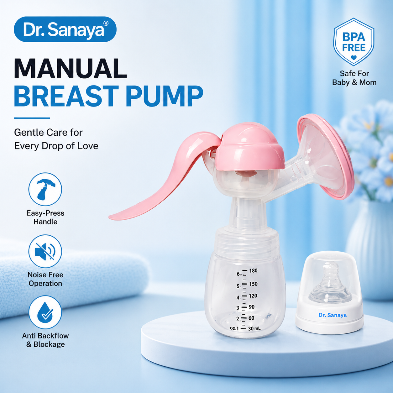Dr. Sanaya Manual Breast Pump with Feeding Bottle (BPA Free, 180ml)