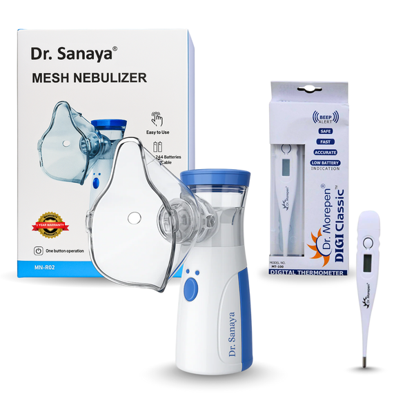 Dr. Sanaya Mesh Nebulizer Portable & Silent + Dr. Morepen MT-110 Digital Thermometer Combo | Asthma & Fever Relief Kit