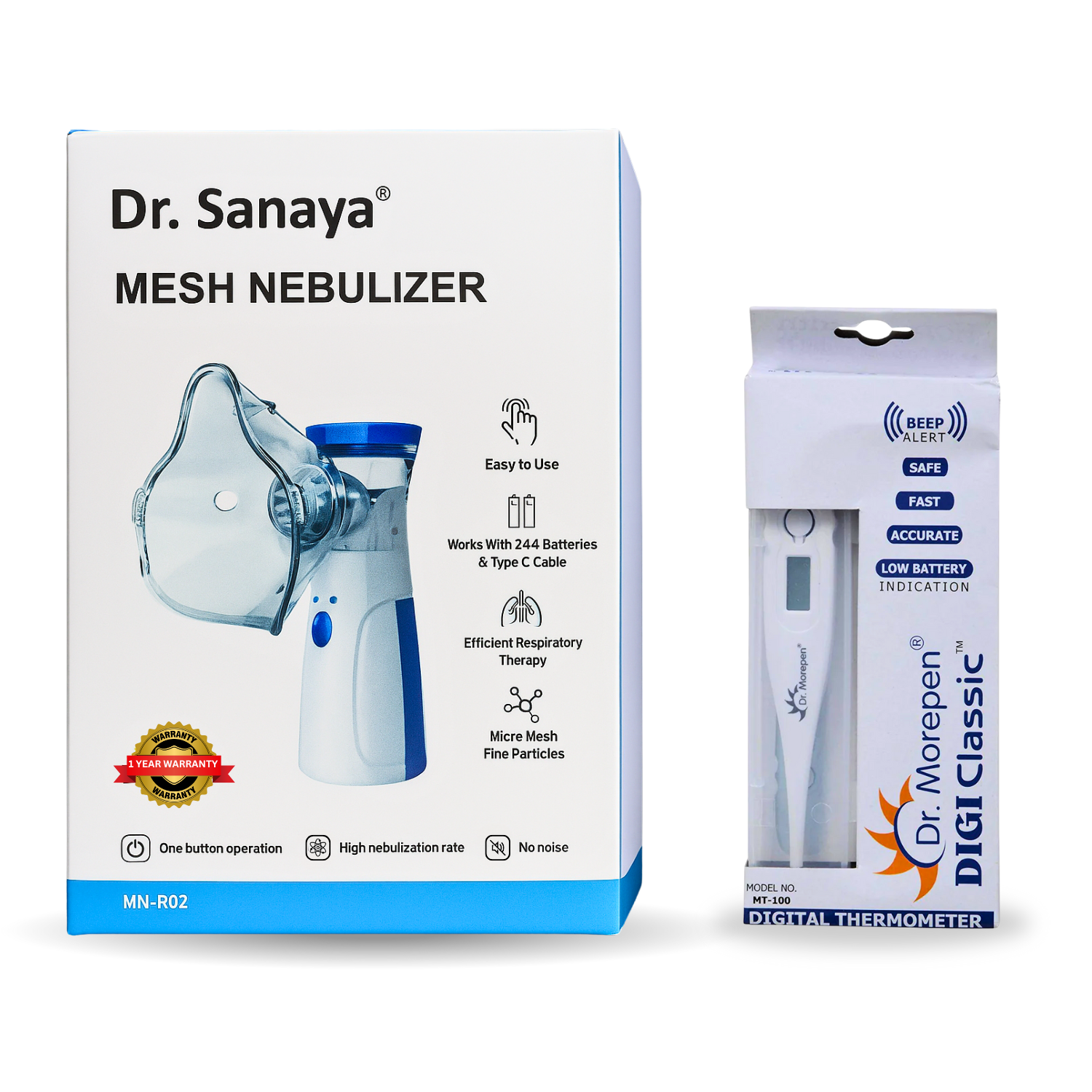 Dr. Sanaya Mesh Nebulizer Portable & Silent + Dr. Morepen MT-110 Digital Thermometer Combo | Asthma & Fever Relief Kit