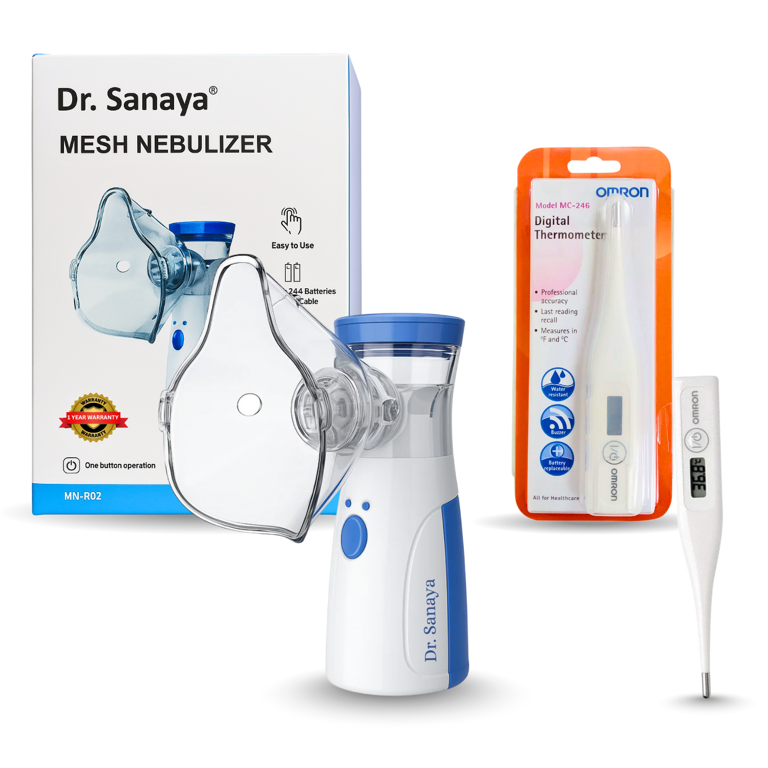 Dr. Sanaya Mesh Nebulizer Portable & Silent + Omron MC-246 Digital Thermometer Combo | Asthma & Fever Relief Kit