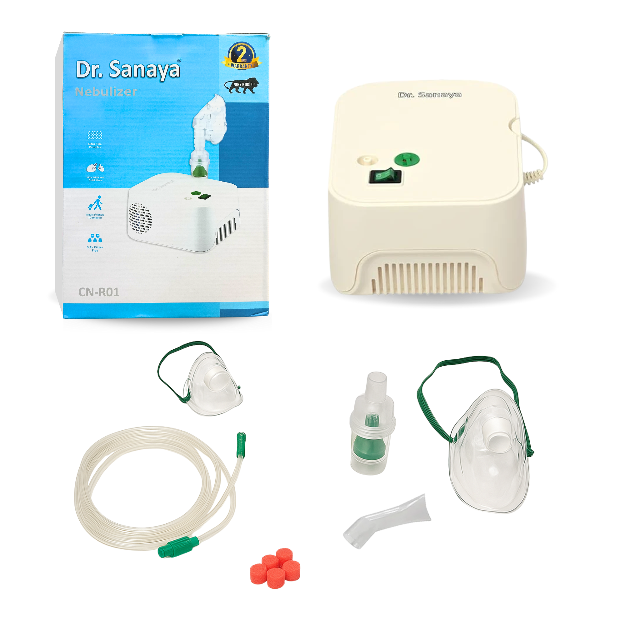 Dr. Sanaya Nebulizer set with packaging, device, mask, and accessories on a white background