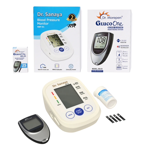 Dr. Sanaya RBP01 Digital BP Monitor with USB Port & Cuff 22–36cm + Dr. Morepen BG03 Glucometer with 25 Test Strips