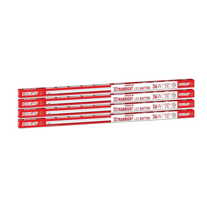 4 packages of Eveready Xtra Bright LED batten lights on a white background