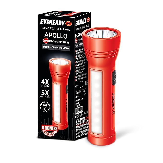 Eveready Apollo DL20 flashlight with Eveready packaging on a white background