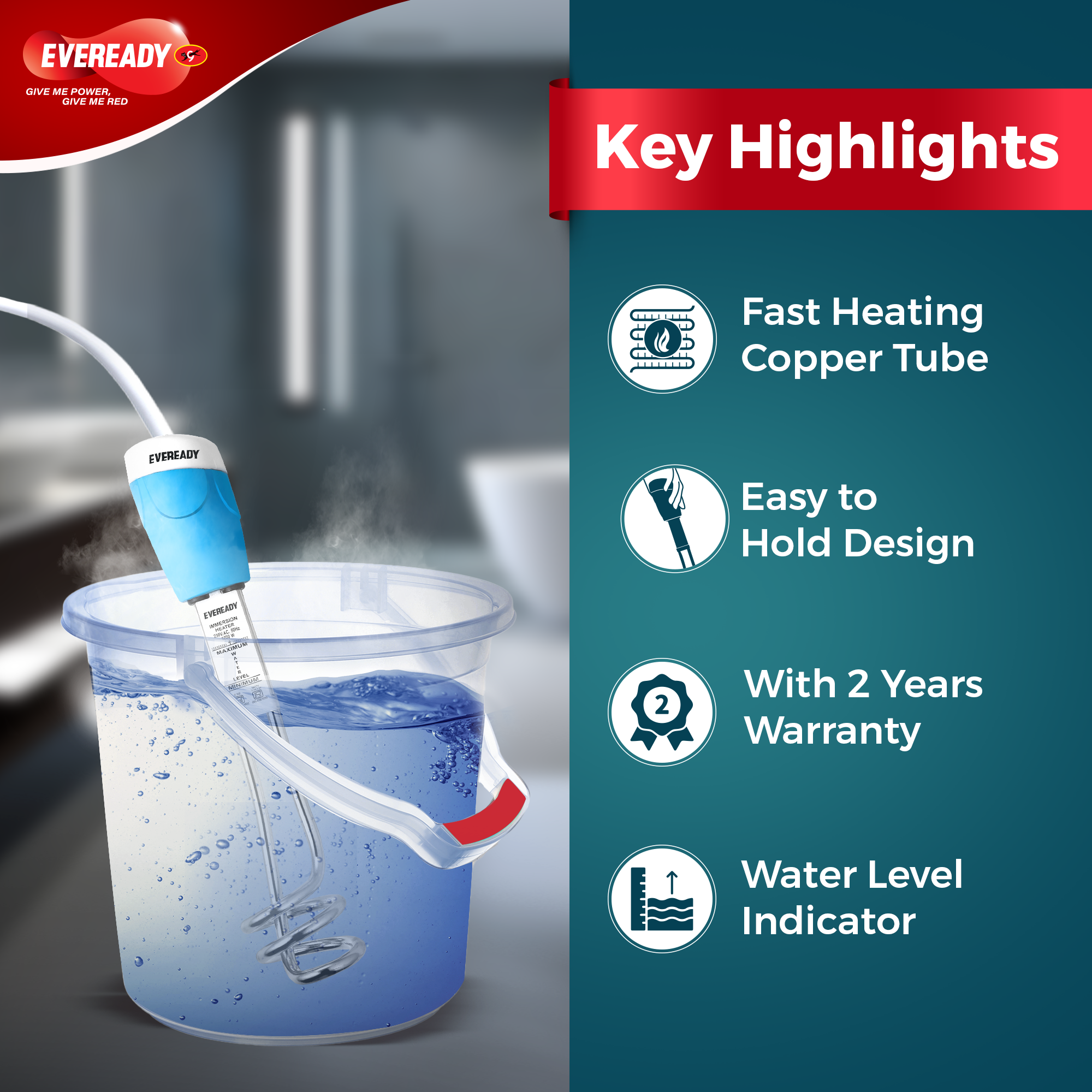 Eveready EP1500 1500W Immersion Water Heater Rod with Shock Proof Body