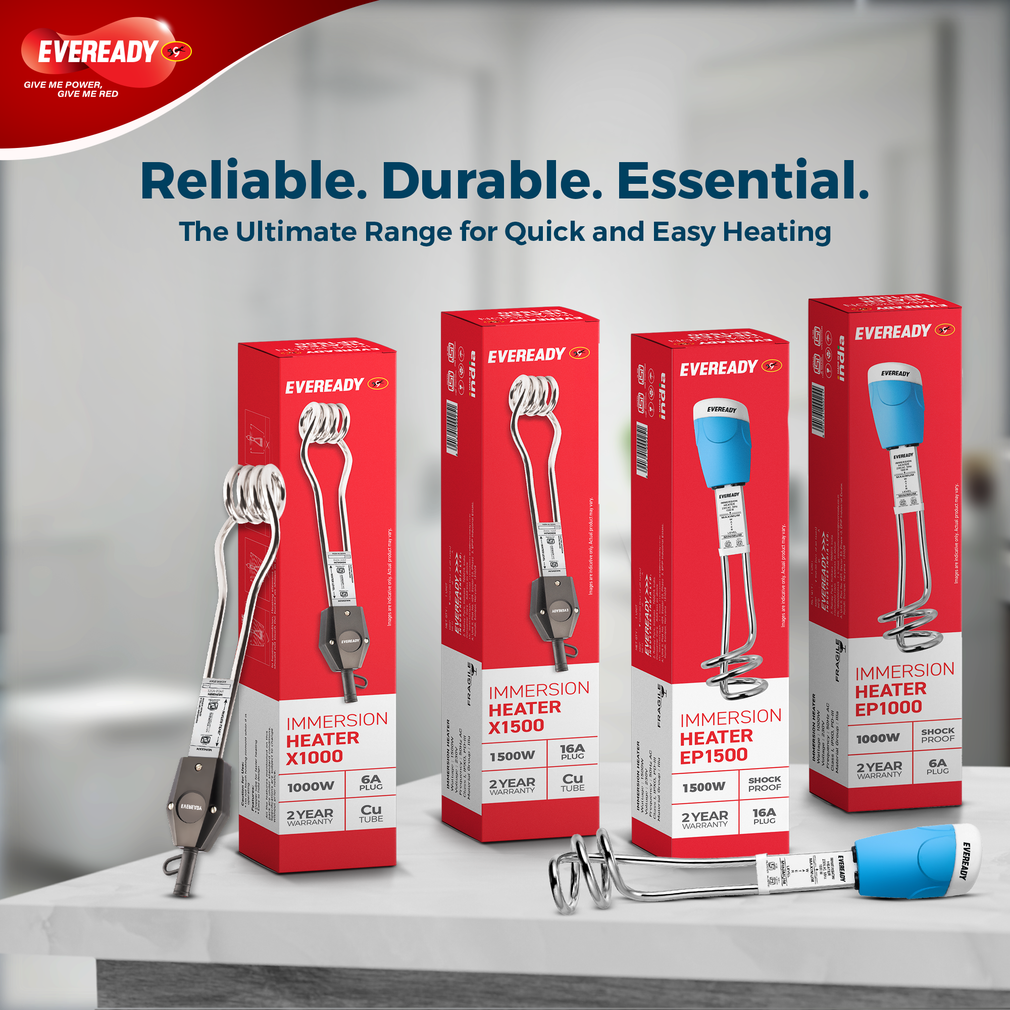 Eveready EP1500 1500W Immersion Water Heater Rod with Shock Proof Body