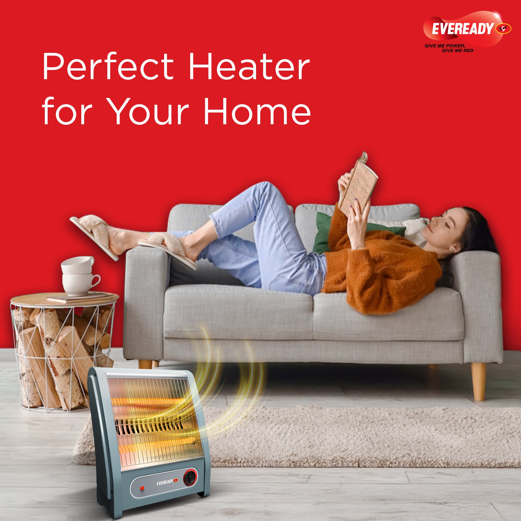 Eveready Pyrowarm 800W Quartz Room Heater with Dual Heating Elements & Tip-Over Protection