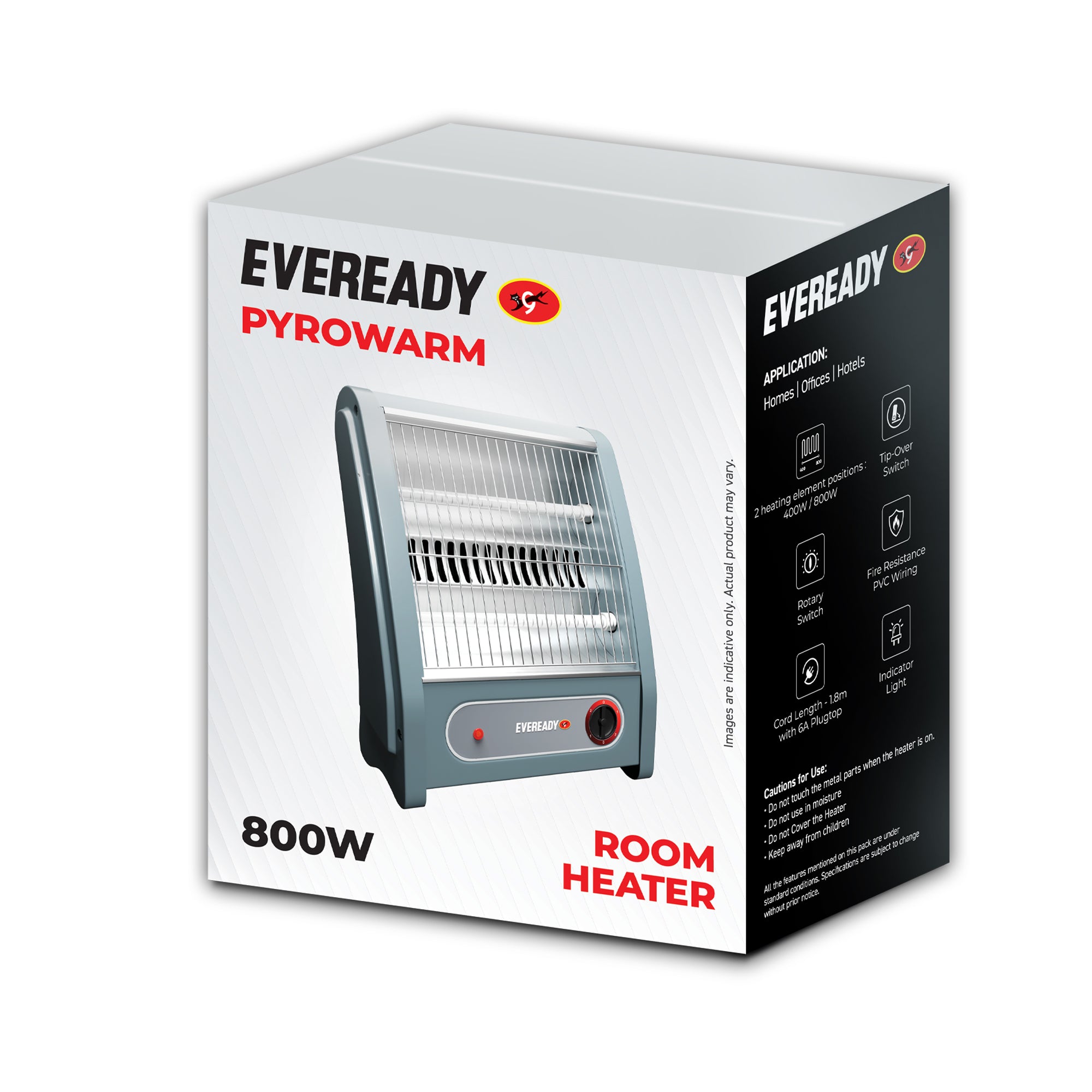 Eveready Pyrowarm 800W Quartz Room Heater with Dual Heating Elements & Tip-Over Protection