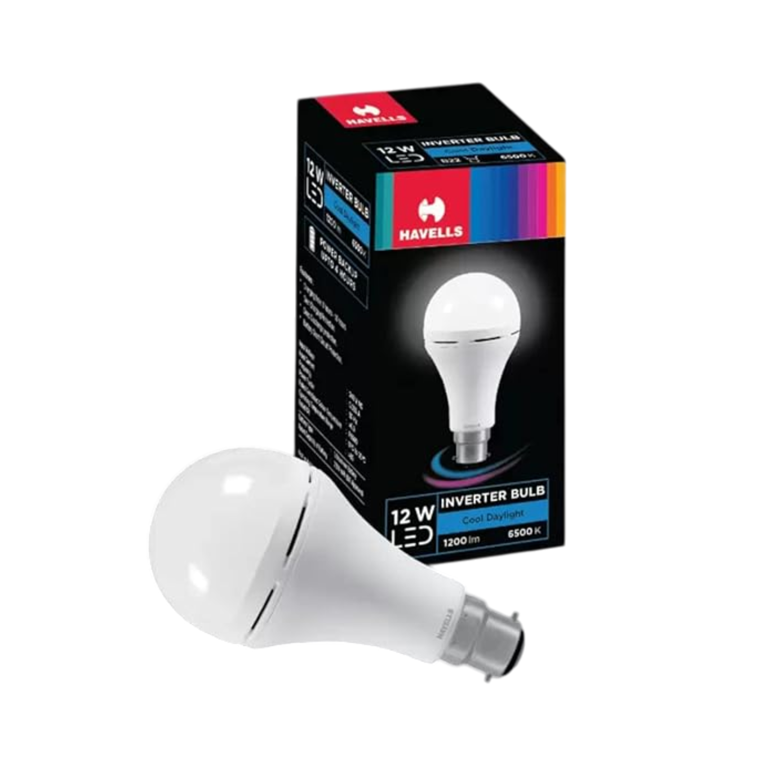 One box of Havells 12W LED Inverter Bulb with B22D Base with packaging on a white background