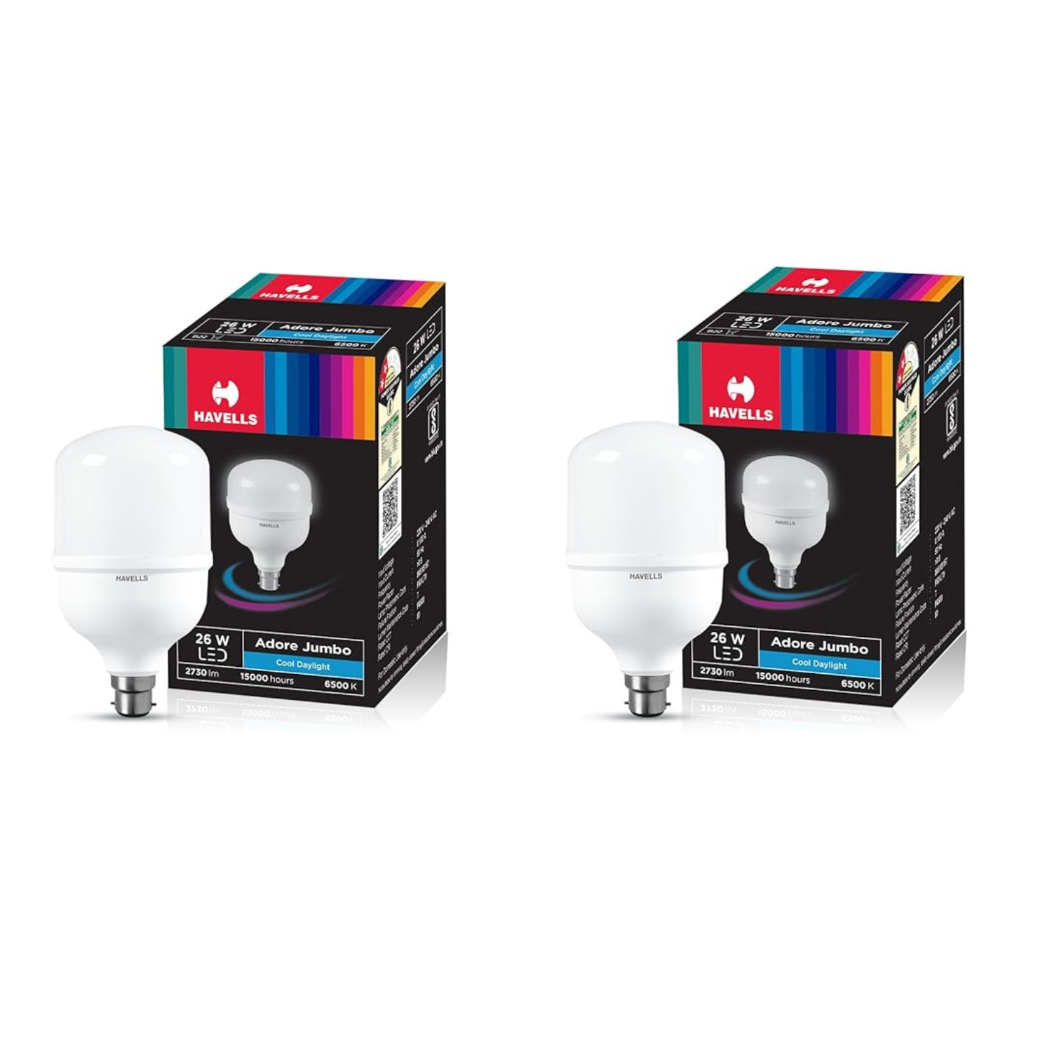 Two Havells 26W LED Bulb with B22 Bases with their packaging on a white background