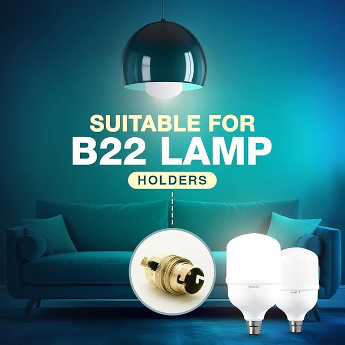 Light bulbs and a lamp holder with text 'Suitable for B22 Lamp Holders' on a blue background.