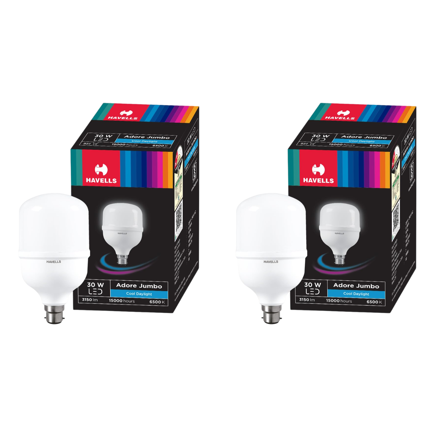 Two Havells 30W LED Bulb with B22 Base packages on a white background