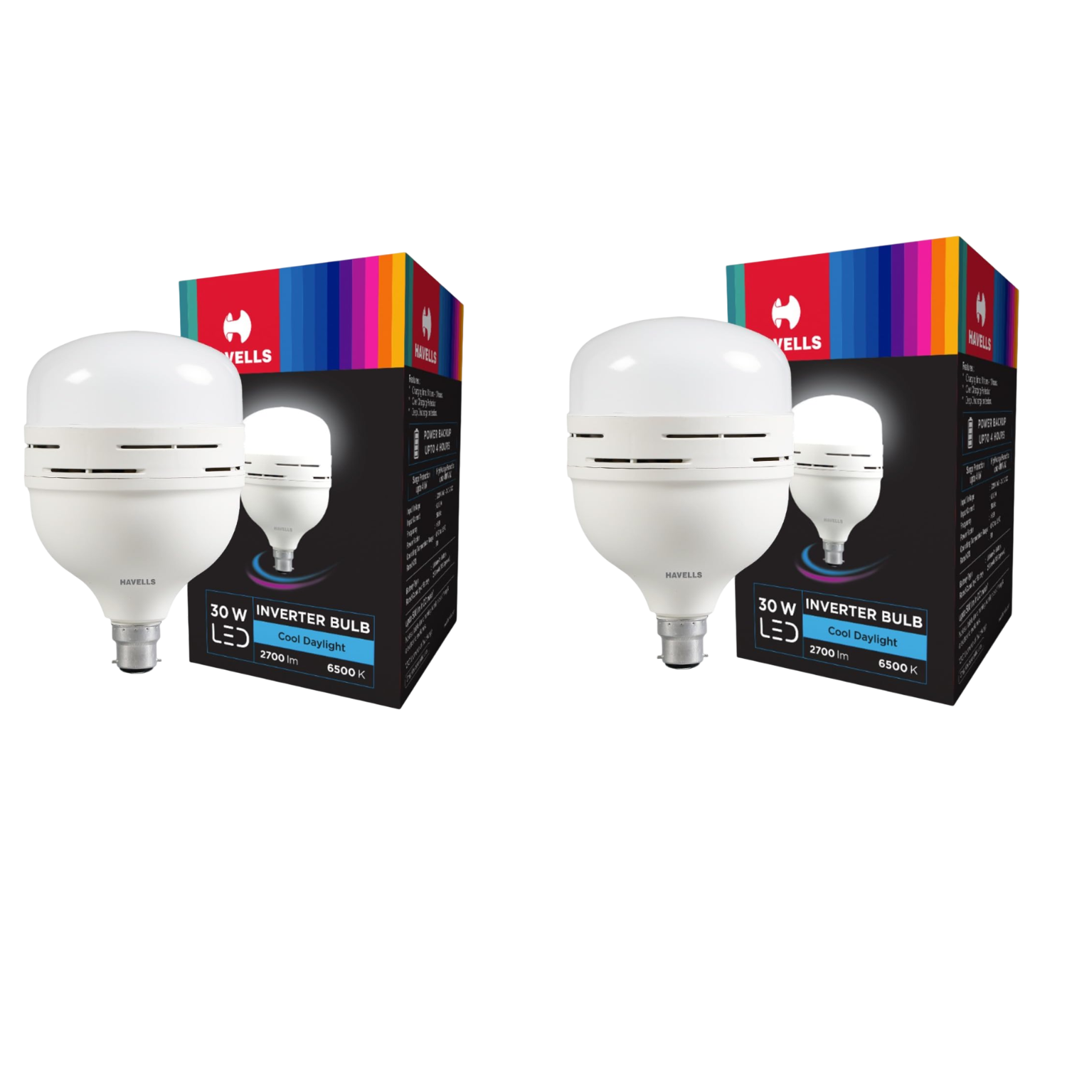 Two Havells 30W LED Inverter Emergency Bulb with their packaging on a white background