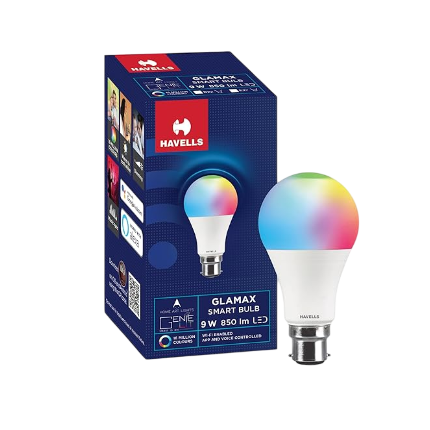 Havells Glamax smart bulb with packaging on a white background